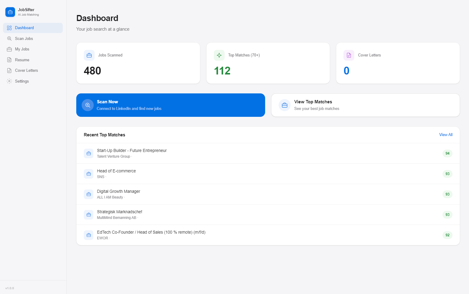 JobSifter desktop app dashboard showing AI job matching scores and cover letter generation